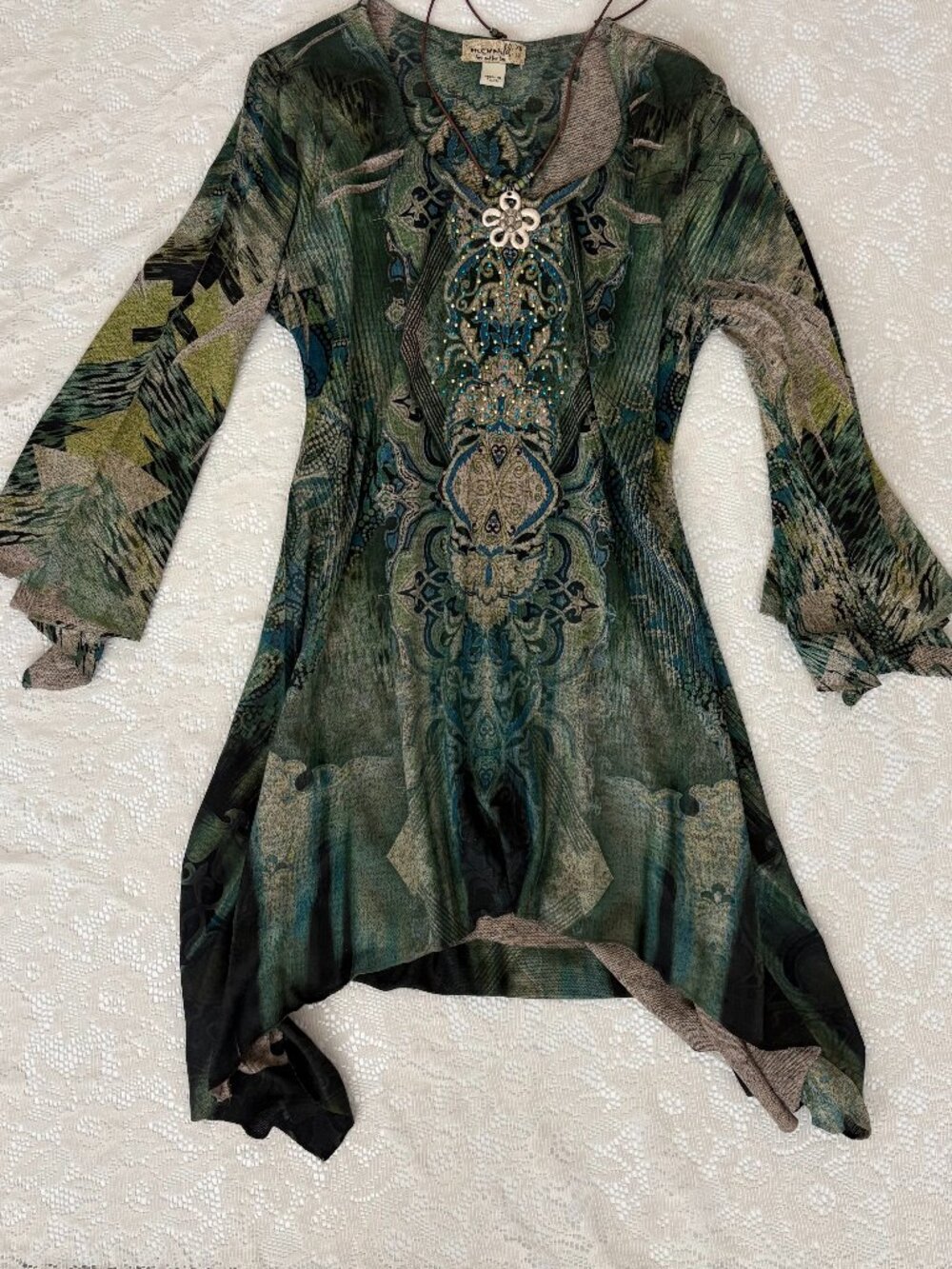 Y2K Fairy Core Boho One World Green Print Top with Rhinestone Details Size XS